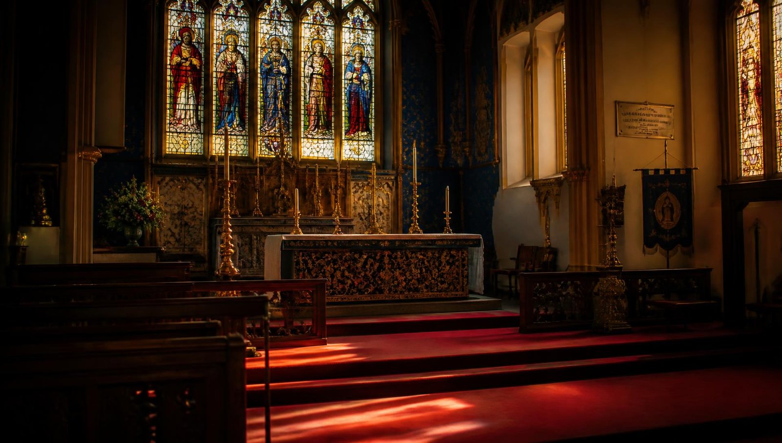 Interior de igreja com altar e vitrais